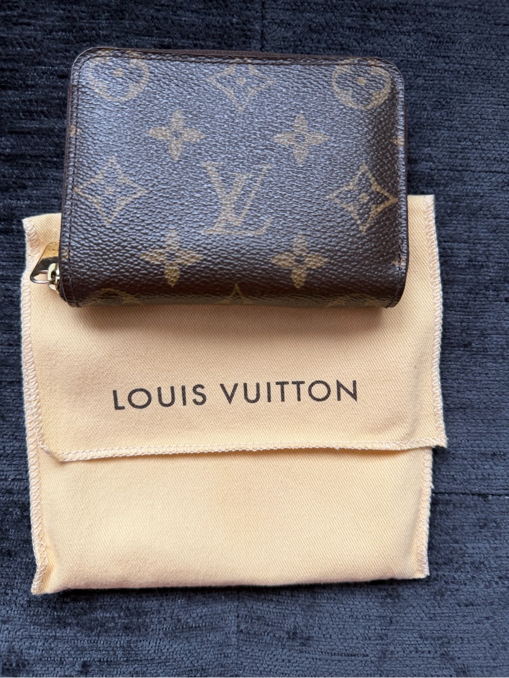 Authentic Louis Vuitton Monogram Canvas Compact Zip Card Holder in Brown and Tan